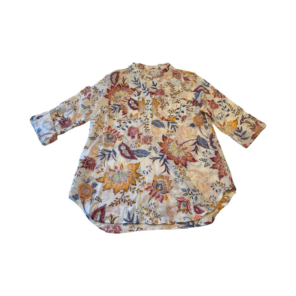 Eden & Olivia Women M Floral Paisley Cotton Roll Tab Sleeve Henley Tunic Top